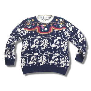 Northern Isles Floral Blue and White Chunky Knit Crew Neck Pullover Sweater